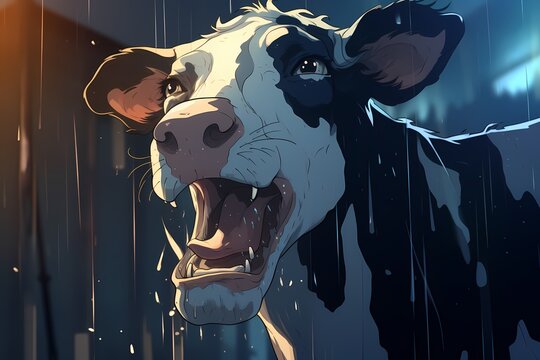 illustration of a scary cow in a dark alley