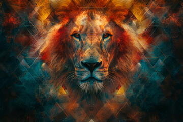 Poster - Abstract image of Strength (card 8) framed by a geometric lionâ€™s head, integrating courage and sacred geometry,
