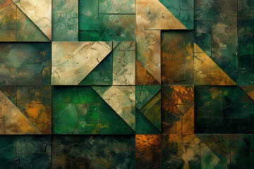 Poster - Abstract illustration of Earth as geometric patterns of green and brown, symbolizing stability, growth, and fertility,