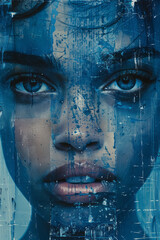 Poster - artistic collage of a face with overlapping layers of melancholy, using blue tones, fragmented poetr