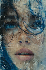 Poster - artistic collage of a face with overlapping layers of melancholy, using blue tones, fragmented poetr