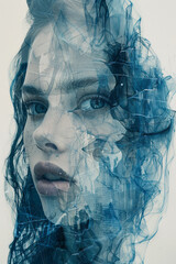 Poster - artistic collage of a face with overlapping layers of melancholy, using blue tones, fragmented poetr