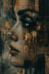 Poster - artistic rendering of a contemplative face, with layers of philosophical text, muted earth tones, an