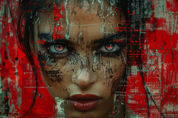 Poster - collage portrait with multiple layers representing anger, featuring sharp shapes, intense red hues, 