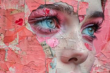 Poster - collage depicting a face in love, with soft pink and red layers, romantic poetry fragments, and hear