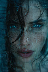 Poster - abstract portrait showing layers of sadness, using cool blues and greys, tear-shaped patterns, and m