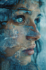 Poster - abstract portrait showing layers of sadness, using cool blues and greys, tear-shaped patterns, and m