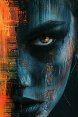 Poster - illustration of a face with layers representing fear, using dark colors, abstract shadow patterns, a