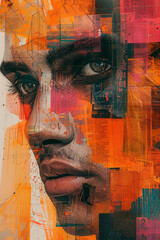 Poster - Abstract rendering of a face with layers symbolizing confusion, using chaotic patterns, fragmented text, and clashing colors,