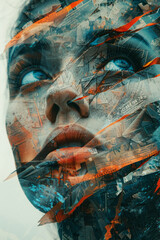 Poster - abstract rendering of a face with layers symbolizing confusion, using chaotic patterns, fragmented t