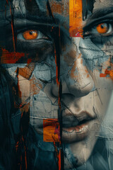 Poster - abstract rendering of a face with layers symbolizing confusion, using chaotic patterns, fragmented t