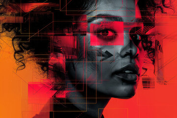 Poster - illustration of a portrait layered with elements of strength, using bold colors, strong geometric sh