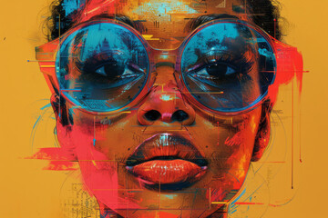 Poster - illustration of a portrait layered with elements of strength, using bold colors, strong geometric sh
