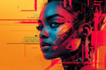 Poster - illustration of a portrait layered with elements of strength, using bold colors, strong geometric sh