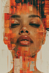 Poster - abstract rendering of a face experiencing gratitude, with warm tones, thankful words, and harmonious