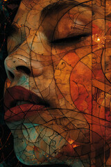 Poster - abstract rendering of a face experiencing gratitude, with warm tones, thankful words, and harmonious