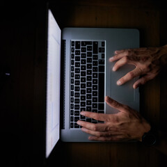 Aufkleber - Top view, hands or laptop for person in night research, internet browsing or web design in home office. Above, communication or email for working late, typing or programming and online meeting