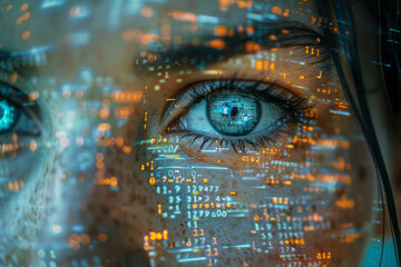 Poster - collage portrait of a face partially obscured by digital code, representing the integration of human