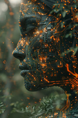 Poster - artistic rendering of a human profile interwoven with circuit board patterns, symbolizing the fusion