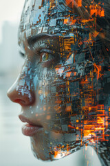 Poster - artistic rendering of a face with layers of augmented reality elements, such as virtual objects and 