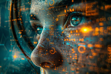 Poster - abstract portrait with a face layered with digital clocks and time-related symbols, representing the