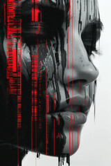 Poster - illustration of a personâ€™s face partially obscured by qr codes and barcode patterns, symbolizing t
