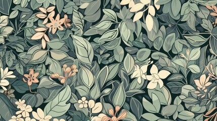 Wall Mural - A pattern of green leaves and small white and pink flowers.