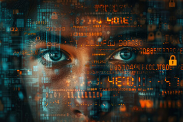 Poster - collage depicting a face with layers of cybersecurity symbols, such as padlocks and encryption keys,