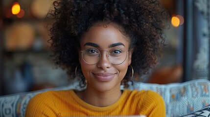 happy black mixed race african black young woman in glasses with perfect smile sitting on sofa holding using tablet device reading e book surfing social media dating apps.image illustration