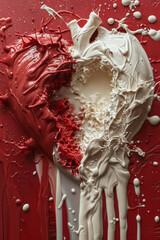 Poster - Abstract image of a heart split in half, with one side filled with blood and the other with milk,