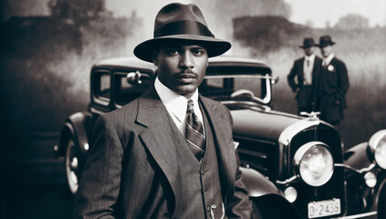 stylized black and white photo of a man next to a classic car, capturing the spirit of the 1920s gan