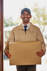 Poster - Portrait, boxes and happy delivery man with parcel, ecommerce package and smile with courier for online orders. Dispatch, retail order and distribution service, front door and logistics worker