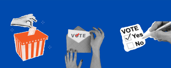 Ballot voting, box vote, mail polling square banners set. Halftone collage banners collection with hands. Vector poster concepts for web. Trendy vintage vector illustration.