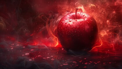 Wall Mural - a red apple is on a black background with red smoke by ai generated image
