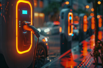 Close-up of an energy-efficient electric car charging station, with soft LED lighting in a sustainable cityscape