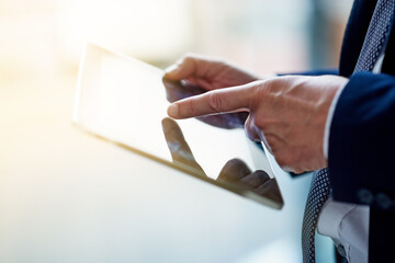 Aufkleber - Tablet, pointing and hand in office, research and typing of project, online and information for employee. Workplace, staff and person with technology, working and review of sales, web and investor