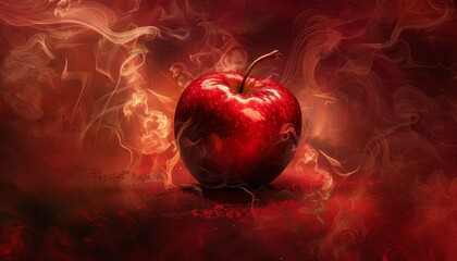 Wall Mural - A red apple is on a black background with red smoke by AI generated image