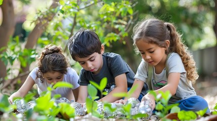 ecoconscious kids children collecting plastic bottles for recycling in a garden promoting environmental awareness and education digital photography