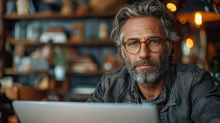 Poster - businessman using laptop computer in office happy middle aged man entrepreneur small business owner working online.image illustration