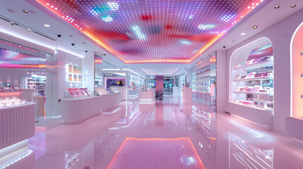 Poster - A high-end electrical goods store with an open floor plan and white and pink tiles on the floor. The ceiling is decorated with multi-colored LED lights that create unique patterns. Generative AI.