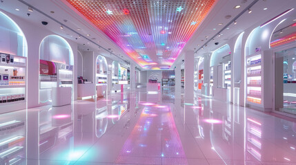 Aufkleber - A high-end electrical goods store with an open floor plan and white and pink tiles on the floor. The ceiling is decorated with multi-colored LED lights that create unique patterns. Generative AI.