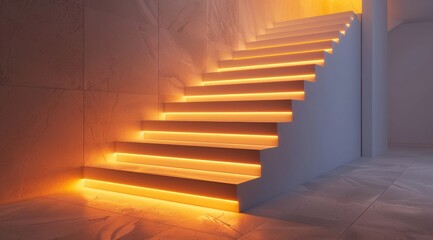 Wall Mural - Staircase with LED lights in a modern home interior, showcasing the sleek design and contemporary lighting accentuating each step 