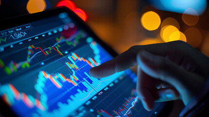 Hand Interacting with digital tablet displaying financial data