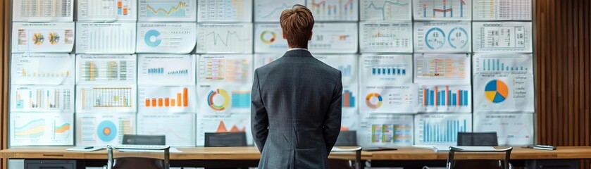 an analyst standing before a whiteboard full of financial diagrams in a private equity firm, front v