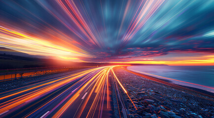 Poster - A long exposure photo of light trails on the highway at sunset, with vibrant colors and motion blur creating an abstract and dynamic composition. Generative AI.
