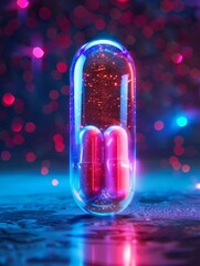 Illuminated capsule pill with a dynamic, abstract background, suggesting advanced pharmaceutical technology or health innovation