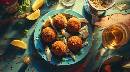 Wall Mural - Falafel balls garnished with greens in bowl on cafe or kitchen table, food background
