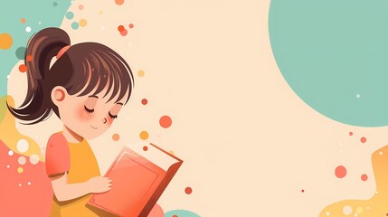 Cute illustration of a young girl reading a book, surrounded by colorful dots and abstract shapes.