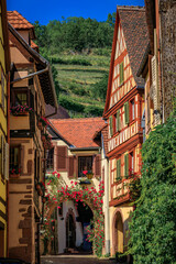 Poster - Ornate traditional half timbered houses with blooming flowers in a popular village on the Alsatian Wine Route in Kaysersberg Vignoble, France