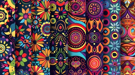 Wall Mural - Vibrant and Colorful Traditional Art Inspired Patterns with Floral and Geometric Designs